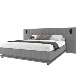 Lit Double 180x200 cm - Lit Adulte Rembourré avec Tête de Lit LED et Prise USB - Lin + MDF - Sans Matelas - Gris