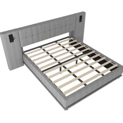 Lit Double 180x200 cm - Lit Adulte Rembourré avec Tête de Lit LED et Prise USB - Lin + MDF - Sans Matelas - Gris