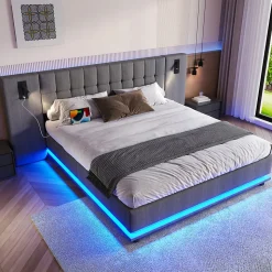 Lit Double 180x200 cm - Lit Adulte Rembourré avec Tête de Lit LED et Prise USB - Lin + MDF - Sans Matelas - Gris