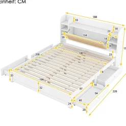 Lit Double 180x200 cm - Lit Adulte avec 4 Tiroirs et Tête Multifonctionnelle - Bois de Pin et MDF - Blanc - Sans Matelas