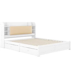 Lit Double 180x200 cm - Lit Adulte avec 4 Tiroirs et Tête Multifonctionnelle - Bois de Pin et MDF - Blanc - Sans Matelas