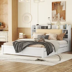 Lit Double 180x200 cm - Lit Adulte avec 4 Tiroirs et Tête Multifonctionnelle - Bois de Pin et MDF - Blanc - Sans Matelas