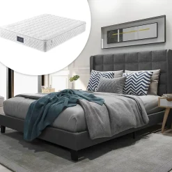 Lit double 140x200 cm - Lit adulte capitonné avec sommier à lattes - Lin - avec Matelas - Gris