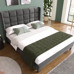Lit double 140x200 cm - Lit adulte capitonné avec sommier à lattes - Lin - Sans Matelas - Gris