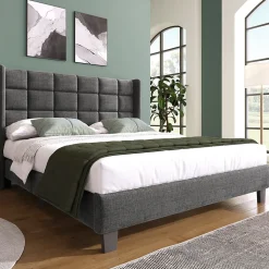 Lit double 140x200 cm - Lit adulte capitonné avec sommier à lattes - Lin - Sans Matelas - Gris