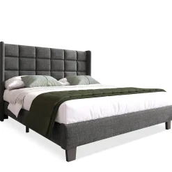 Lit double 140x200 cm - Lit adulte capitonné avec sommier à lattes - Lin - Sans Matelas - Gris