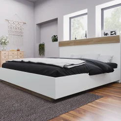 Lit double 160x200 cm - Lit adulte flottant en bois massif avec sommier à lattes - Bois massif - Sans Matelas - Naturel