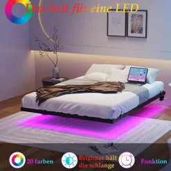 Lit Double 140x200 cm - Lit Adulte Metal avec Éclairage LED et Ports USB, Contrôle Télécommande App, Noir, sans Matelas
