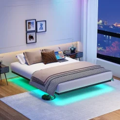 Lit Double 140x200 cm - Lit Adulte Metal avec Éclairage LED et Ports USB, Contrôle Télécommande App, Noir, sans Matelas