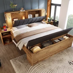 Lit Double 180x200 cm - Lit Adulte avec Tête de Lit Rabattable et Rangement - 2 Tables de Chevet et Banc - Sans Matelas - Naturel