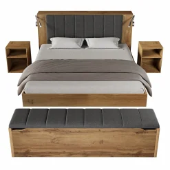 Lit Double 180x200 cm - Lit Adulte avec Tête de Lit Rabattable et Rangement - 2 Tables de Chevet et Banc - Sans Matelas - Naturel