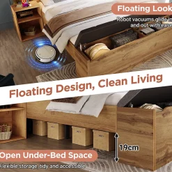 Lit Double 180x200 cm - Lit Adulte avec Tête de Lit Rabattable et Rangement - 2 Tables de Chevet et Banc - Sans Matelas - Naturel