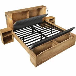 Lit Double 180x200 cm - Lit Adulte avec Tête de Lit Rabattable et Rangement - 2 Tables de Chevet et Banc - Sans Matelas - Naturel