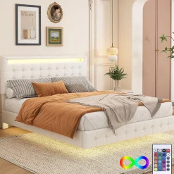 Lit double 140x200 cm - Lit adulte avec éclairage LED et tête de lit réglable - PU + MDF - Sans matelas - Blanc