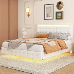 Lit double 140x200 cm - Lit adulte avec éclairage LED et tête de lit réglable - PU + MDF - Sans matelas - Blanc