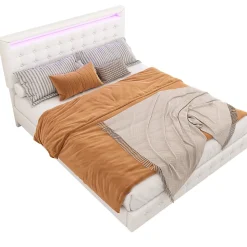 Lit double 140x200 cm - Lit adulte avec éclairage LED et tête de lit réglable - PU + MDF - Sans matelas - Blanc