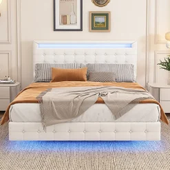 Lit double 140x200 cm - Lit adulte avec éclairage LED et tête de lit réglable - PU + MDF - Sans matelas - Blanc
