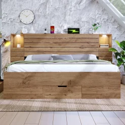 Lit Double 160x200 cm - Lit Adulte avec Rangement et Éclairage LED - Port USB et Niche Lumineuse - Sans Matelas - Bois - Chêne