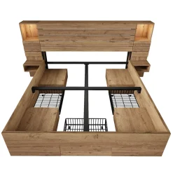 Lit Double 160x200 cm - Lit Adulte avec Rangement et Éclairage LED - Port USB et Niche Lumineuse - Sans Matelas - Bois - Chêne