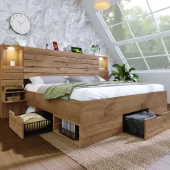 Lit Double 160x200 cm - Lit Adulte avec Rangement et Éclairage LED - Port USB et Niche Lumineuse - Sans Matelas - Bois - Chêne