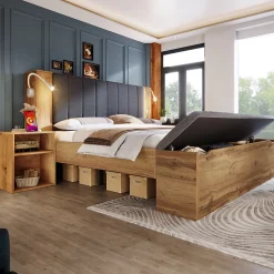 Lit Double 160x200 cm - Lit Adulte avec Tête de Lit Rabattable et Rangement - 2 Tables de Chevet et Banc - Sans Matelas - Naturel