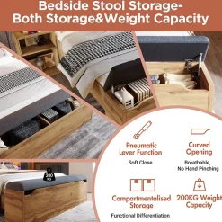 Lit Double 160x200 cm - Lit Adulte avec Tête de Lit Rabattable et Rangement - 2 Tables de Chevet et Banc - Sans Matelas - Naturel