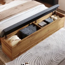 Lit Double 160x200 cm - Lit Adulte avec Tête de Lit Rabattable et Rangement - 2 Tables de Chevet et Banc - Sans Matelas - Naturel