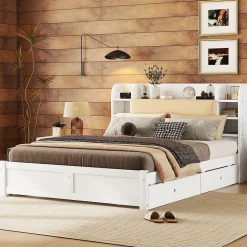 Lit Double 160x200 cm - Lit Adulte avec 4 Tiroirs et Tête Multifonctionnelle - Bois de Pin et MDF - Blanc - Sans Matelas