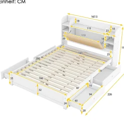 Lit Double 160x200 cm - Lit Adulte avec 4 Tiroirs et Tête Multifonctionnelle - Bois de Pin et MDF - Blanc - Sans Matelas