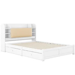 Lit Double 160x200 cm - Lit Adulte avec 4 Tiroirs et Tête Multifonctionnelle - Bois de Pin et MDF - Blanc - Sans Matelas
