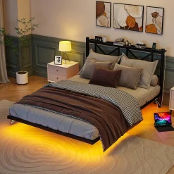 Lit Double 140x200 cm - Lit Adulte Moderne, avec Rangements, Éclairage LED Multicolore et Prises USB - Métal Noir, sans Matelas