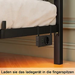 Lit Double 140x200 cm - Lit Adulte Moderne, avec Rangements, Éclairage LED Multicolore et Prises USB - Métal Noir, sans Matelas