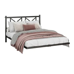 Lit Double 140x200 cm - Lit Adulte Moderne, avec Rangements, Éclairage LED Multicolore et Prises USB - Métal Noir, sans Matelas