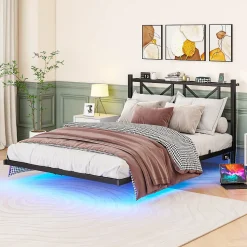 Lit Double 140x200 cm - Lit Adulte Moderne, avec Rangements, Éclairage LED Multicolore et Prises USB - Métal Noir, sans Matelas