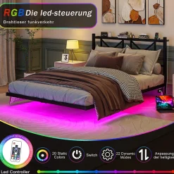 Lit Double 140x200 cm - Lit Adulte Moderne, avec Rangements, Éclairage LED Multicolore et Prises USB - Métal Noir, sans Matelas