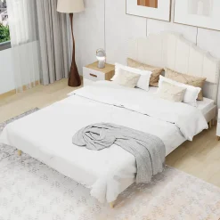 Lit Double 160x200 cm - Lit Adulte Style Moderne avec Tête de Lit Confortable, en Tissu Beige, Sans Matelas