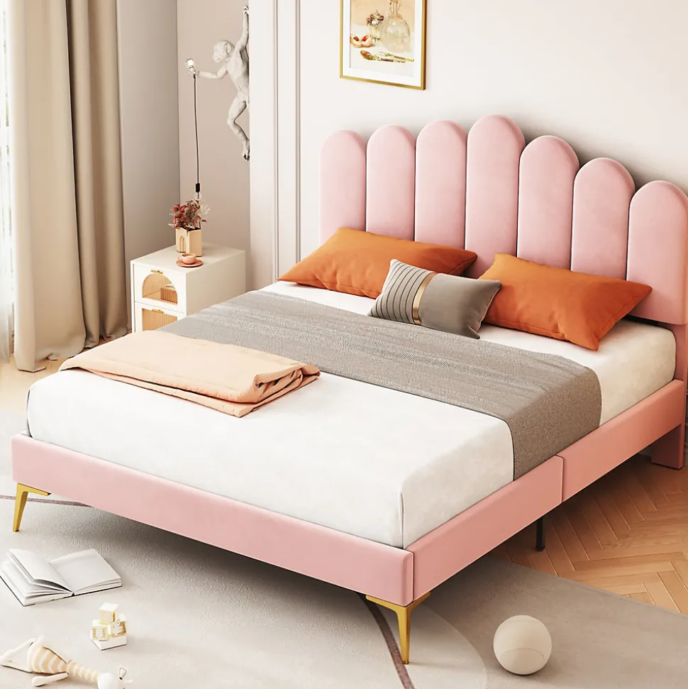 Lit Double 140x200 cm - Lit avec Tête de Lit et Sommier À Lattes, Sans Matelas, en Velours Rose