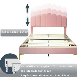 Lit Double 140x200 cm - Lit avec Tête de Lit et Sommier À Lattes, Sans Matelas, en Velours Rose