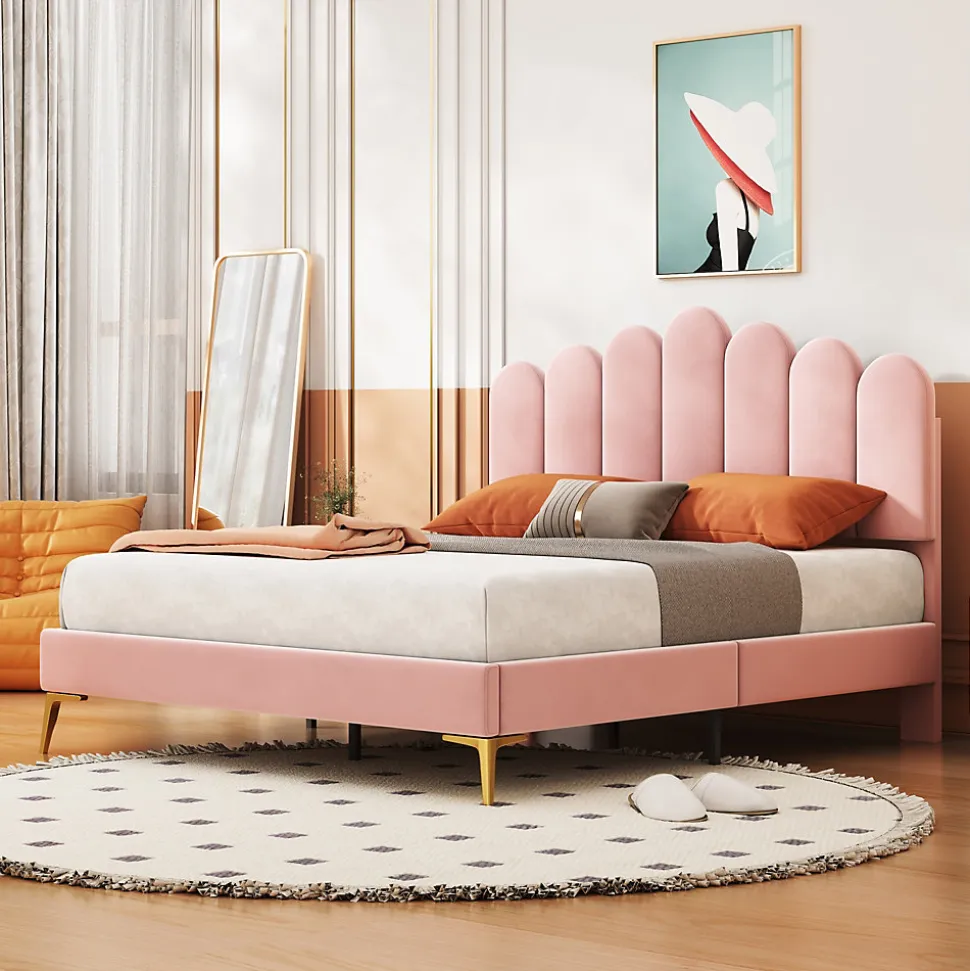 Lit Double 140x200 cm - Lit avec Tête de Lit et Sommier À Lattes, Sans Matelas, en Velours Rose