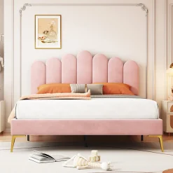 Lit Double 140x200 cm - Lit avec Tête de Lit et Sommier À Lattes, Sans Matelas, en Velours Rose