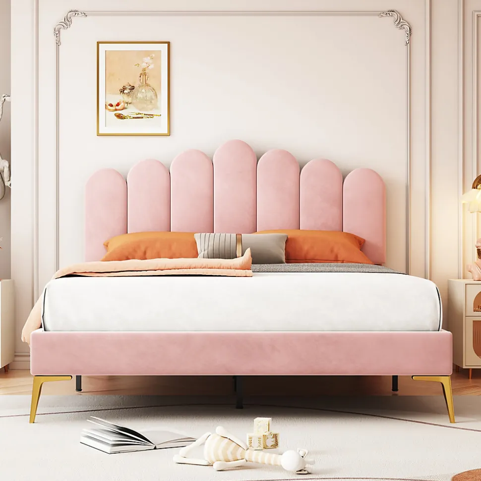 Lit Double 140x200 cm - Lit avec Tête de Lit et Sommier À Lattes, Sans Matelas, en Velours Rose