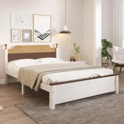 Lit double 140x200 cm - Lit avec tête et pied de lit - Pin + MDF - Sans matelas - Blanc