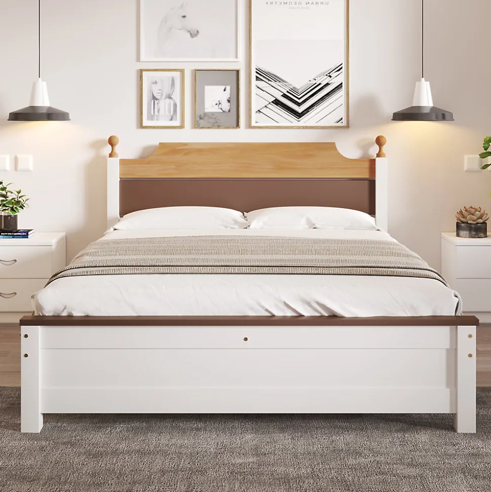 Lit double 140x200 cm - Lit avec tête et pied de lit - Pin + MDF - Sans matelas - Blanc