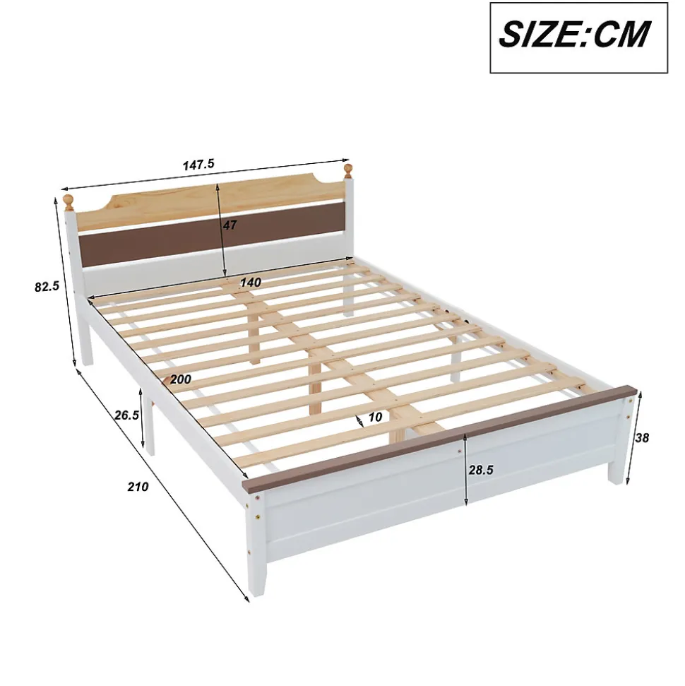 Lit double 140x200 cm - Lit avec tête et pied de lit - Pin + MDF - Sans matelas - Blanc