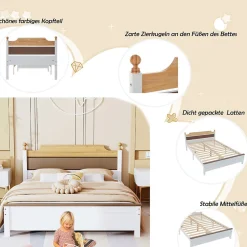 Lit double 140x200 cm - Lit avec tête et pied de lit - Pin + MDF - Sans matelas - Blanc