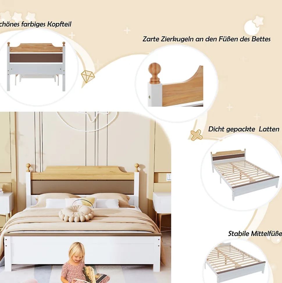 Lit double 140x200 cm - Lit avec tête et pied de lit - Pin + MDF - Sans matelas - Blanc