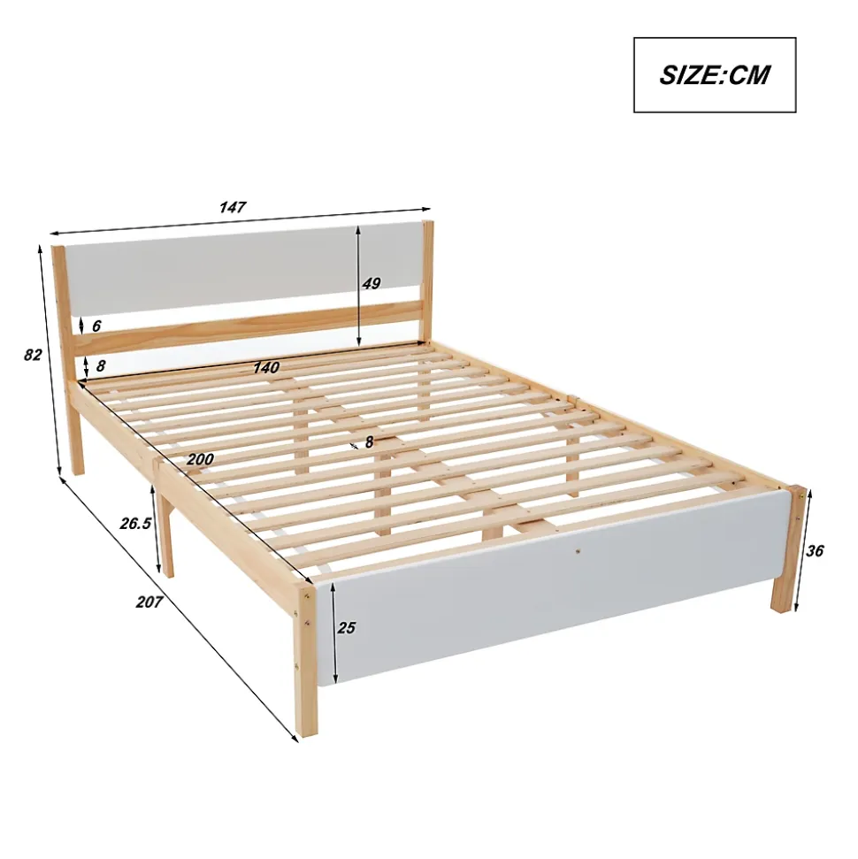 Lit double 140x200 cm - Lit avec tête et pied de lit - Pin + MDF - Sans matelas - Blanc + Naturel