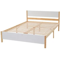 Lit double 140x200 cm - Lit avec tête et pied de lit - Pin + MDF - Sans matelas - Blanc + Naturel