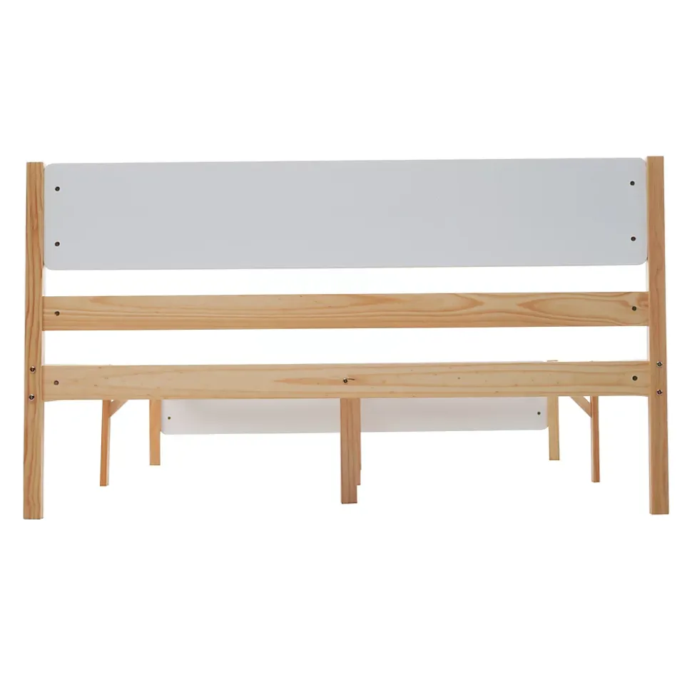 Lit double 140x200 cm - Lit avec tête et pied de lit - Pin + MDF - Sans matelas - Blanc + Naturel