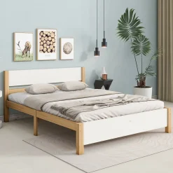 Lit double 140x200 cm - Lit avec tête et pied de lit - Pin + MDF - Sans matelas - Blanc + Naturel